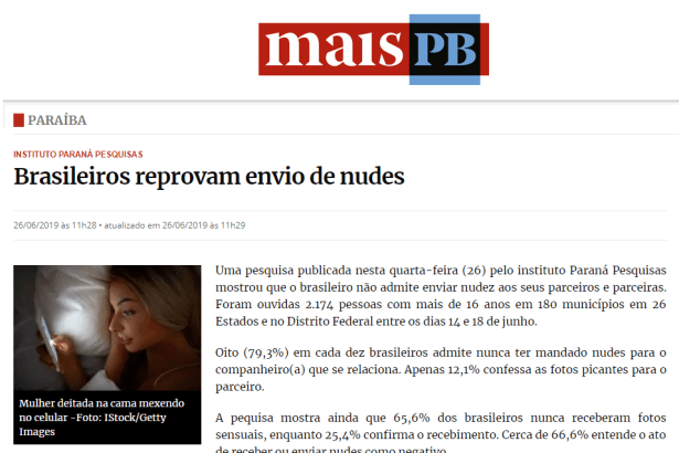 Portal Mais PB divulga pesquisa nacional realizada pela Paraná Pesquisas sobre enviar e receber nudes