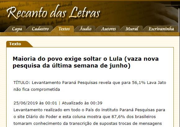 Recanto das Letras divulga pesquisa realizado pela Paraná Pesquisas