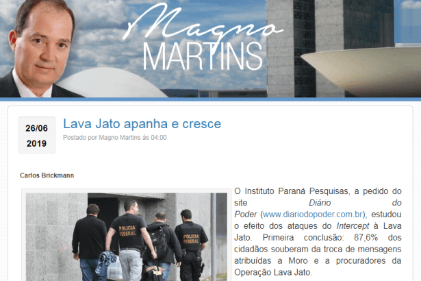 Blog do Magno Martins divulga pesquisa nacional realizada pela Paraná Pesquisas sobre a Operação Lava Jato