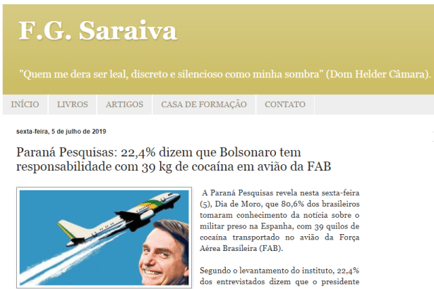 Blog F.G. Saraiva divulga pesquisa nacional realizada pela Paraná Pesquisas sobre a cocaína transportado no avião da Força Aérea Brasileira