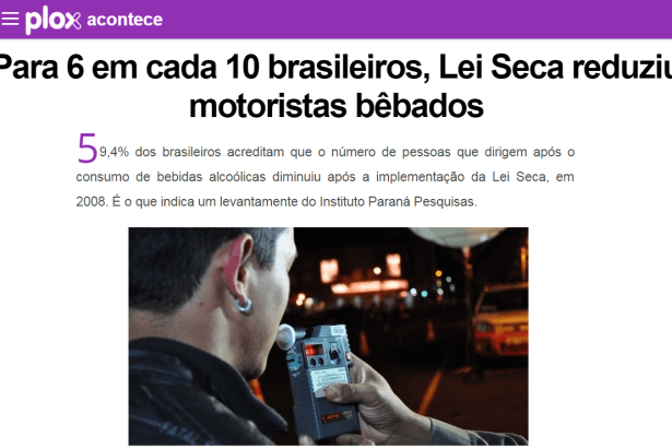 Portal Plox divulga pesquisa nacional realizada pela Paraná Pesquisas sobre a Lei Seca
