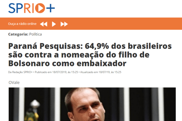SPRIO Mais divulga pesquisa nacional realizado pela Paraná Pesquisas sobre a Nomeação de Eduardo Bolsonaro como Embaixador