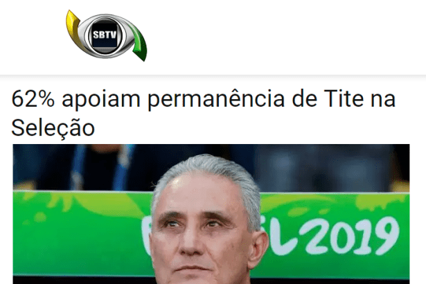 SBTV divulga pesquisa nacional realizada pela Paraná Pesquisas sobre a permanência de Tite na Seleção Brasileira