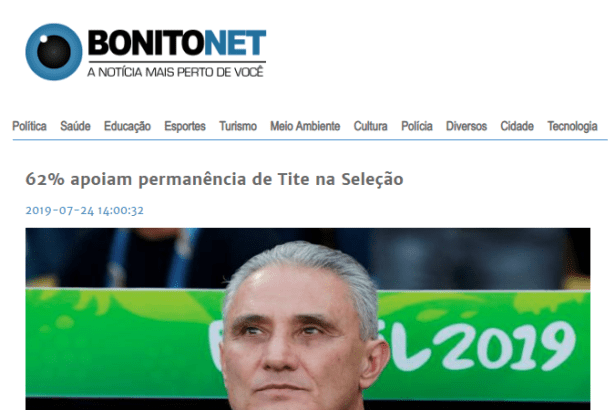 Portal BonitoNet divulga pesquisa nacional realizada pela Paraná Pesquisas sobre a permanência de Tite na Seleção Brasileira