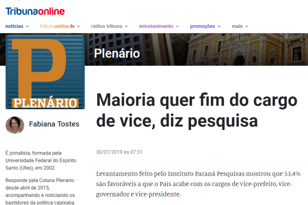 Tribuna Online - Plenário divulga pesquisa nacional sobre o fim dos cargos de Vice Prefeito, Vice Governador e Vice Presidente