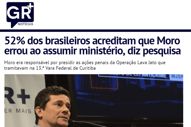 Gmais Noticias divulga pesquisa nacional realizada pela Paraná Pesquisas sobre a mudança de carreira do Sr. Sérgio Moro