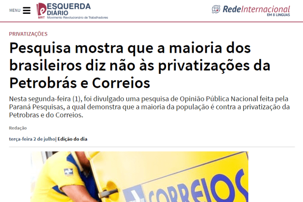 Esquerda Diário divulga pesquisa nacional realizada pela Paraná Pesquisas sobre a privatização dos Correios e da Petrobras
