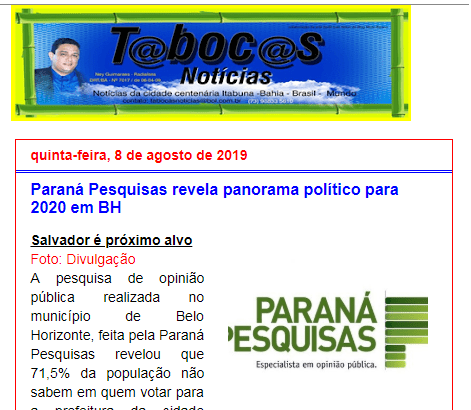 Blog Tabocas Notícias divulga pesquisa realizada no município de Belo Horizonte sobre a situação eleitoral para as eleições municipais de 2 020