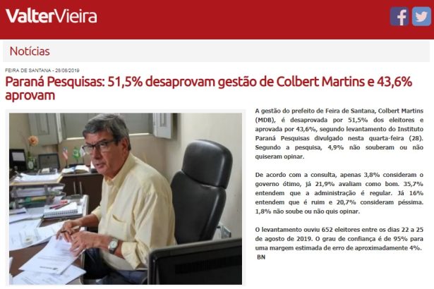 Valter Vieira divulga pesquisa realizada no Município de Feira de Santana sobre as eleições municipais de 2020