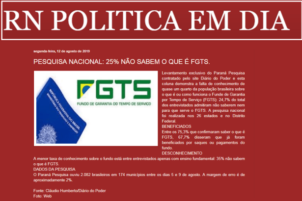 Portal RN Política em Dia divulga pesquisa nacional realizada pela Paraná Pesquisas com o conhecimento sobre o funcionamento do FGTS