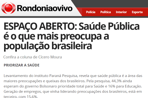 Portal Rondônia ao Vivo cita pesquisa realizada pela Paraná Pesquisas