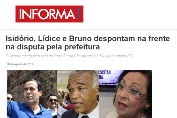 Portal Informa 1 divulga pesquisa realizada no município de Salvador sobre a situação eleitoral para as eleições municipais de 2.020