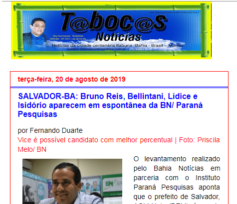 Tabocas Notícias divulga pesquisa realizada no município de Salvador sobre a situação eleitoral para as eleições municipais de 2.020