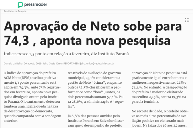 Correio da Bahia divulga pesquisa realizada no município de Salvador sobre a popularidade do Prefeito ACM Neto