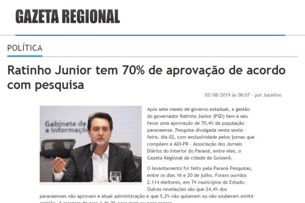 Gazeta Regional divulga pesquisa realizada no Estado do Paraná sobre a popularidade do Governador Ratinho Junior