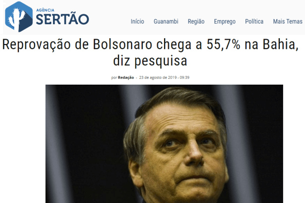 Agência Sertão divulga pesquisa realizada no Estado da Bahia sobre a popularidade do Presidente Jair Bolsonaro