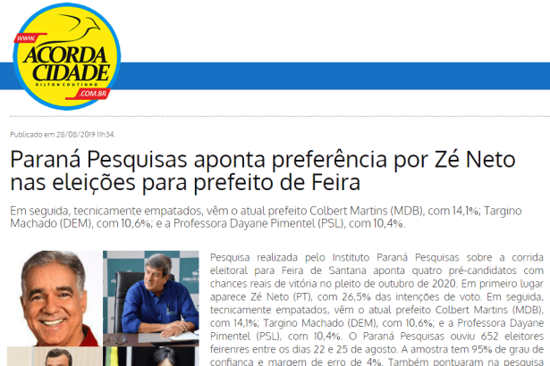 Portal Acorda Cidade divulga pesquisa realizada no Município de Feira de Santana sobre as eleições municipais de 2020