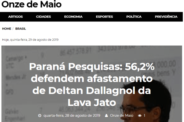 Portal Onze de Maio divulga pesquisa Nacional realizada pela Paraná Pesquisas sobre o Procurador da Lava Jato Deltan Dallagnol