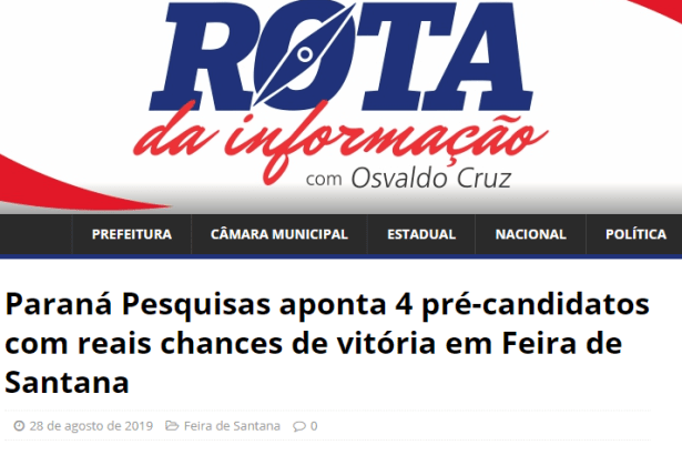 Rota da Informação divulga pesquisa realizada no município de Salvador sobre a situação eleitoral para as eleições municipais de 2020