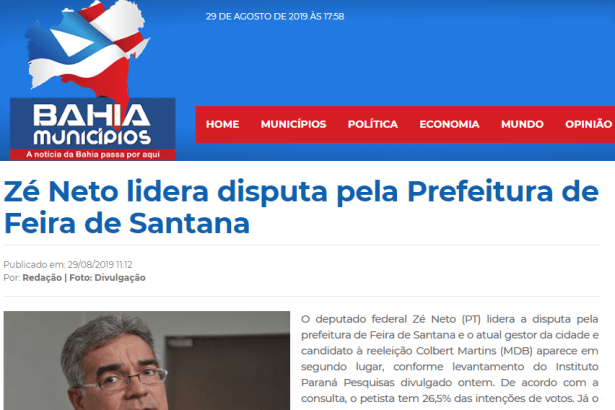 Bahia Municípios divulga pesquisa realizada no município de Salvador sobre a situação eleitoral para as eleições municipais de 2020