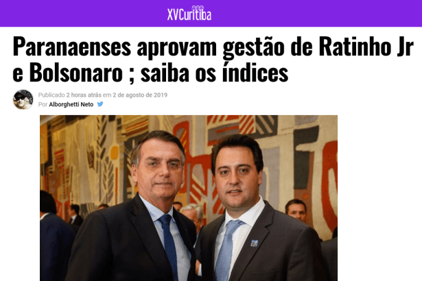 Portal XV Curitiba divulga pesquisa realizada no Estado do Paraná sobre a popularidade do Governador Ratinho Junior e do Presidente Jair Bolsonaro