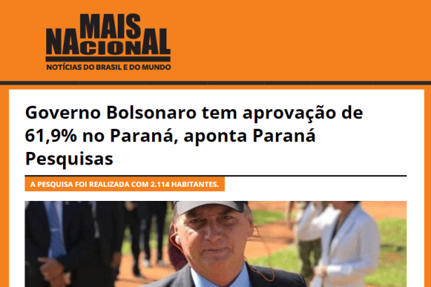 Mais Nacional divulga pesquisa realizada no Estado do Paraná sobre a popularidade do Presidente Jair Bolsonaro