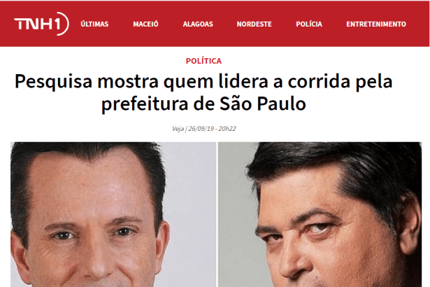 Portal TNH1 divulga pesquisa realizada no município de São Paulo sobre a situação eleitoral para as eleições Municipais de 2.020