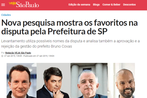 Veja SP divulga pesquisa realizada no município de São Paulo sobre a situação eleitoral para as eleições Municipais de 2.020