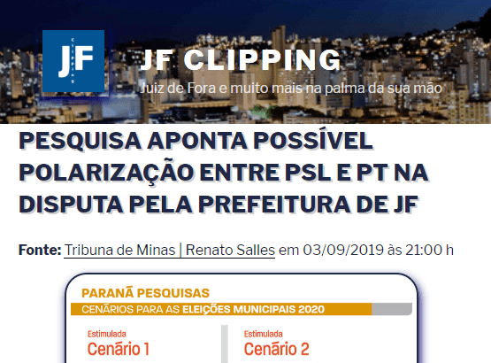 Portal JF Clipping divulga pesquisa realizada no município de Juiz de Fora sobre a situação eleitoral para as eleições Municipais de 2.020