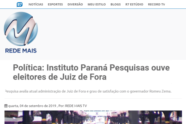 Rede Mais (Record TV) divulga pesquisa realizada em Juiz de Fora sobre situação eleitoral municipal 2020