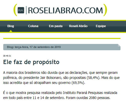 Blog Roseli Abrão divulga pesquisa Nacional realizada pela Paraná Pesquisas sobre a forma de comunicação do Presidente Jair Bolsonaro