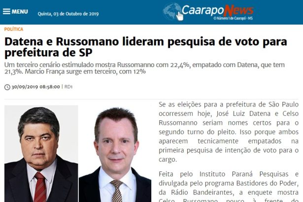 Portal CaarapoNews divulga pesquisa realizada no município de São Paulo sobre a situação eleitoral para as eleições Municipais de 2.020