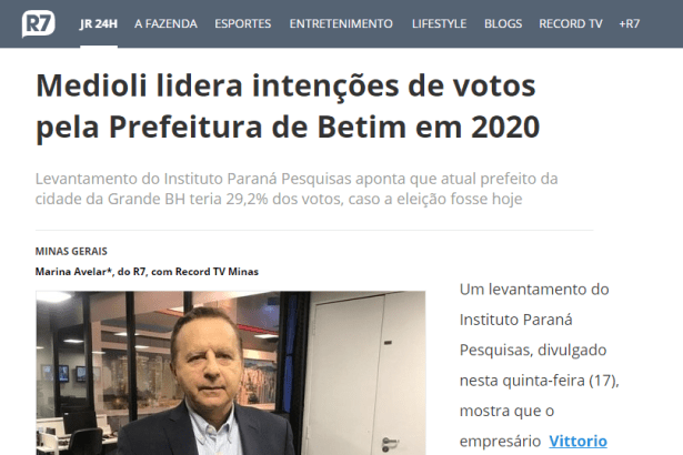Portal R7.com divulga pesquisa realizada pela Paraná Pesquisas no Município de Betim