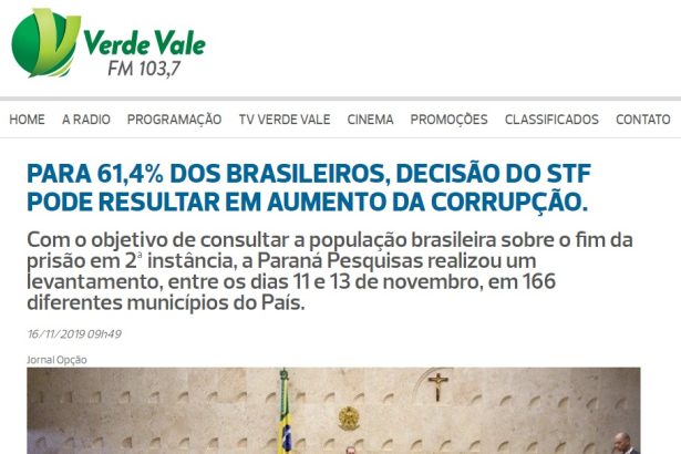 Portal Verde Vale FM 103,7 divulga pesquisa realizada pela Paraná Pesquisas sobre avaliação do fim da prisão em 2ª Instância