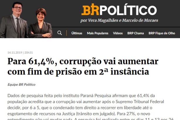 Estadão.Coluna BR18 divulga pesquisa realizada pela Paraná Pesquisas sobre avaliação do fim da prisão em 2ª Instância
