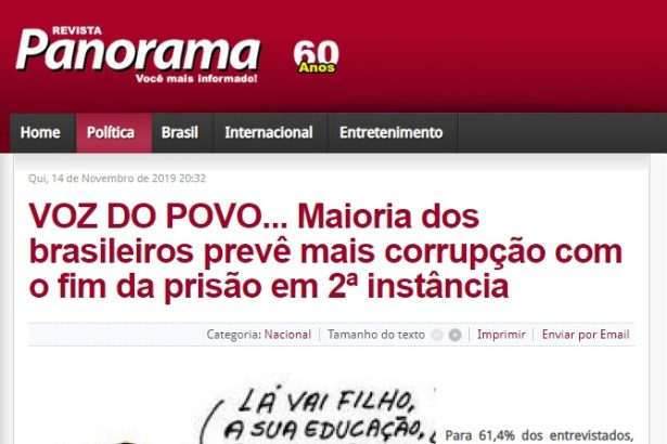 Revista Panorama divulga pesquisa realizada pela Paraná Pesquisas sobre avaliação do fim da prisão em 2ª Instância
