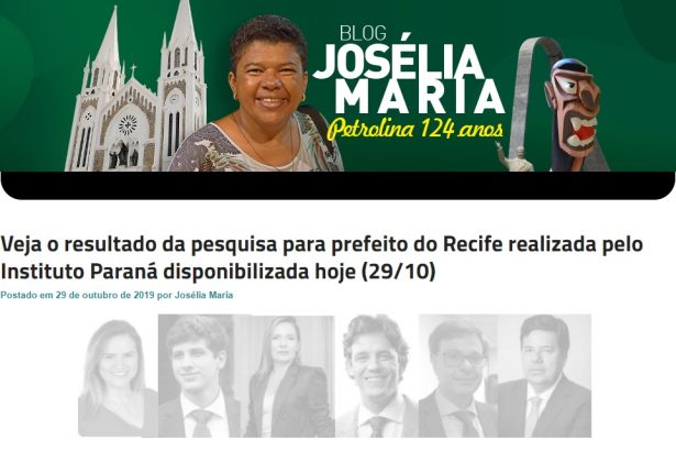 Blog Josélia Maria divulga pesquisa realizada no Município de Recife sobre a situação eleitoral para as eleições Municipais de 2020