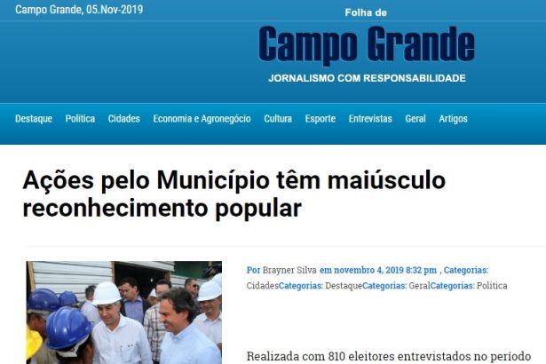 Folha de Campo Grande divulga pesquisa realizada no Município de Campo Grande sobre a popularidade do Prefeito Marquinhos Trad e do Governador Reinaldo Azambuja