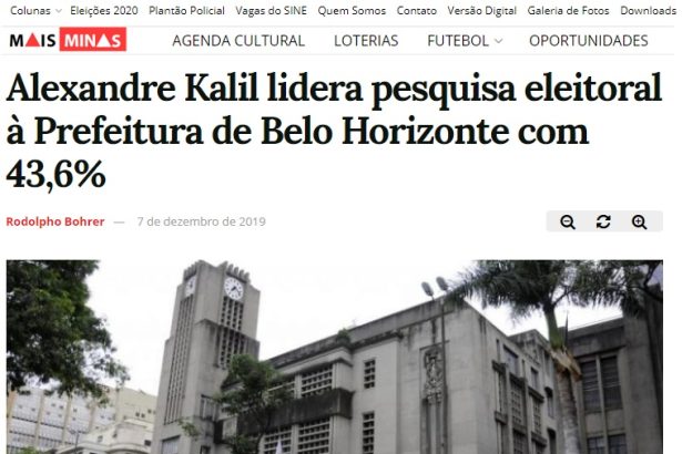 Mais Minas divulga pesquisa realizada pela Paraná Pesquisas sobre liderança de Alexandre Kalil à prefeitura de BH