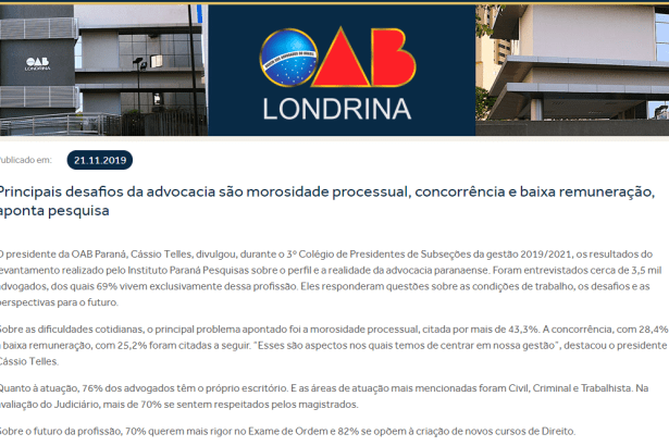 OAB Londrina divulga pesquisa realizada pela Paraná Pesquisas