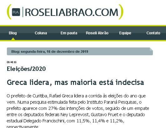 Roseli Abrão divulga pesquisa realizada pela Paraná Pesqno Município de Curitiba