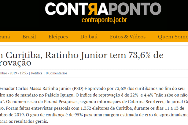 Contraponto divulga pesquisa realizada pela Paraná Pesquisas em Curitiba sobre aprovação de Ratinho Junior