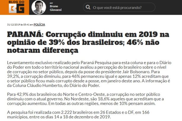 Blog do Bruno Giovanni divulga pesquisa realizada pela Paraná Pesquisas