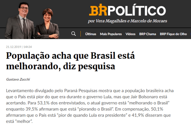 Coluna Estadão - BR18 divulga pesquisa realizada pela Paraná Pesquisas