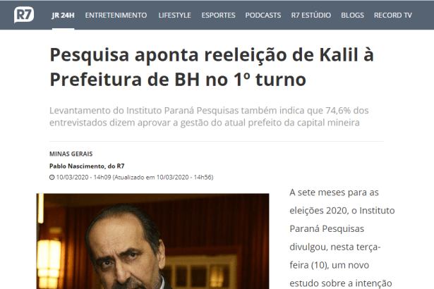 TV Record - Minas Gerais divulga pesquisa realizada pela Paraná Pesquisas