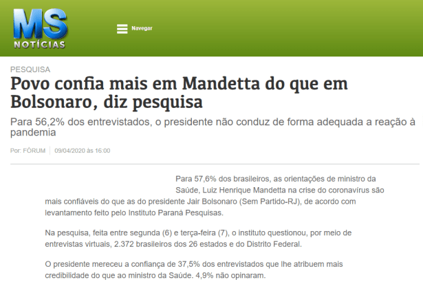 Portal MS Notícias divulga pesquisa realizado pela Paraná Pesquisas