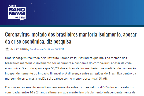 Rádio Band News FM Curitiba divulga pesquisa nacional realizado pela Paraná Pesquisas