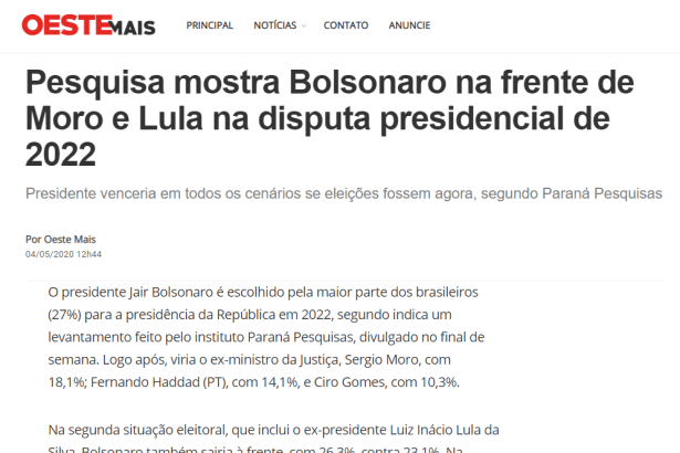 Oeste Mais divulga pesquisa nacional realizado pela Paraná Pesquisas