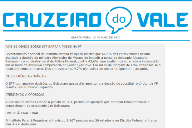Cruzeiro do Vale divulga pesquisa nacional realizado pela Paraná Pesquisas
