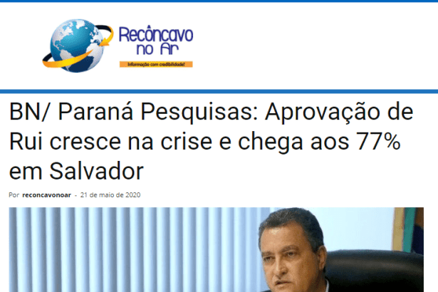 Recôncavo no Ar divulga pesquisa realizado pela Paraná Pesquisas